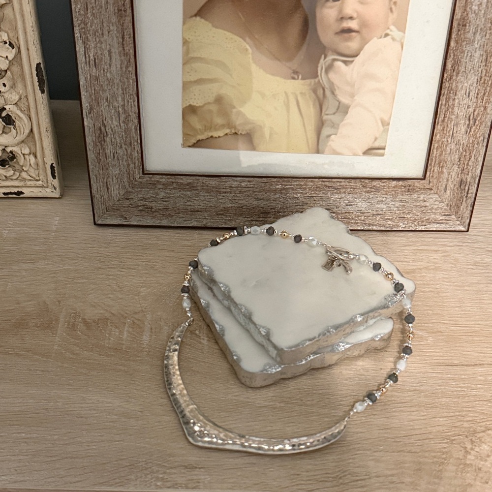 Elegant Silver and Gold Beaded Necklace with stones and glass beads - 18”